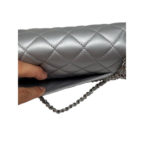 Chanel Leather Quilted Classic Double Flap CC Logo Medium Crossbody Bag Silver - Picture 8 of 16